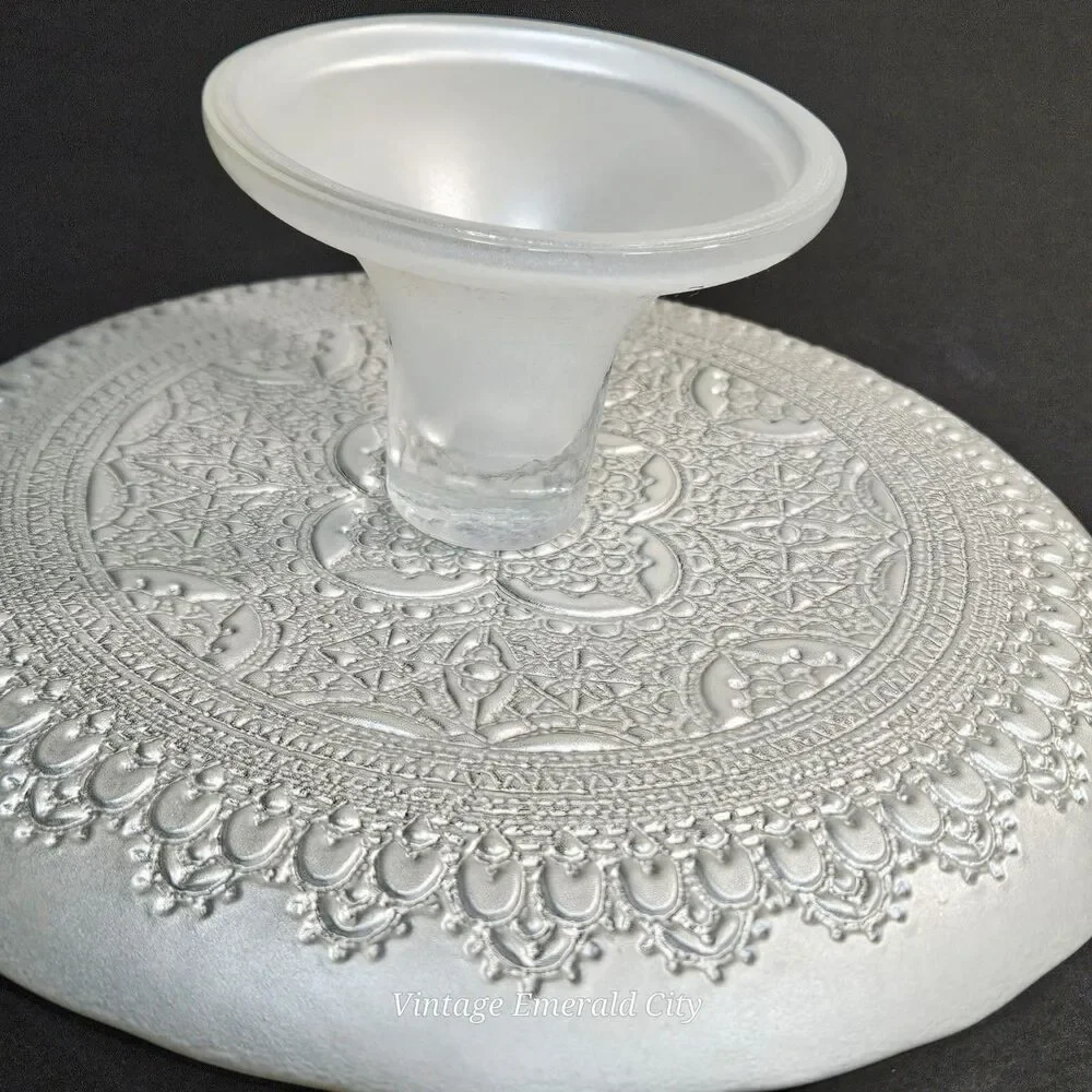 Vtg Turkish Glass White Cake Stand Pedestal Dessert Serving Platter Gold Lace